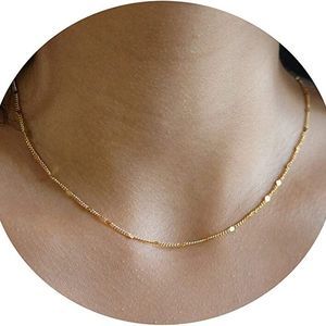 Mauzew Dainty Chain Necklace for Women 18K Gold Plated Coin Disc Choker Necklace